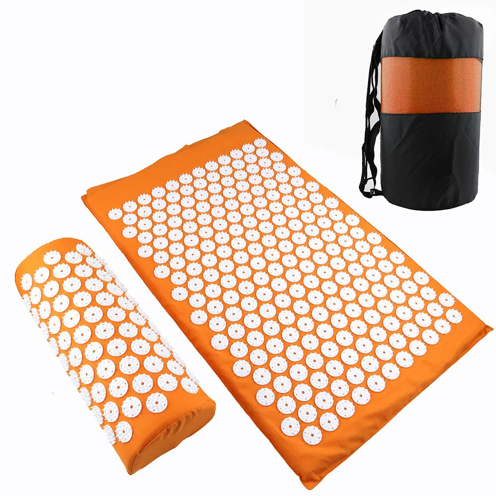 Orange acupressure mat with white nodes and carrying bag on a white background