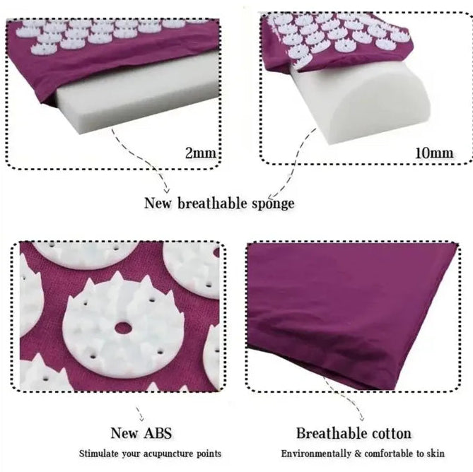 Product details of a purple acupressure mat with white nodes, showing materials and thickness.