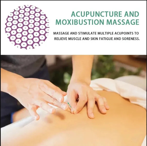 Acupuncture needle being inserted into a person's back with text about acupuncture and moxibustion massage.