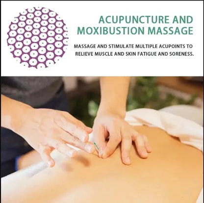 Acupuncture needle being inserted into a person's back with text about acupuncture and moxibustion massage.
