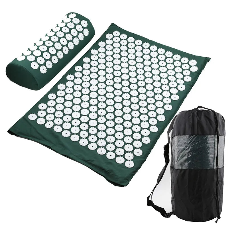Acupressure mat with white acupressure points and carrying bag on a white background