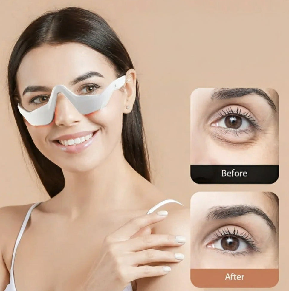 Woman wearing eye relief device with 'Relieve Eye Fatigue' text and before/after images on a beige background.