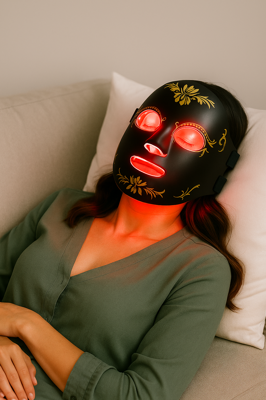 Person wearing a black LED face mask with red lights on a couch.