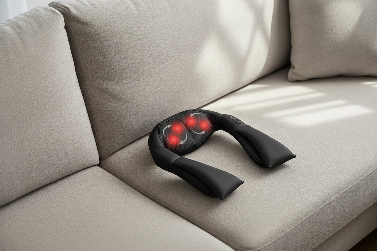 Black neck and shoulder massager with red lights on a white background
