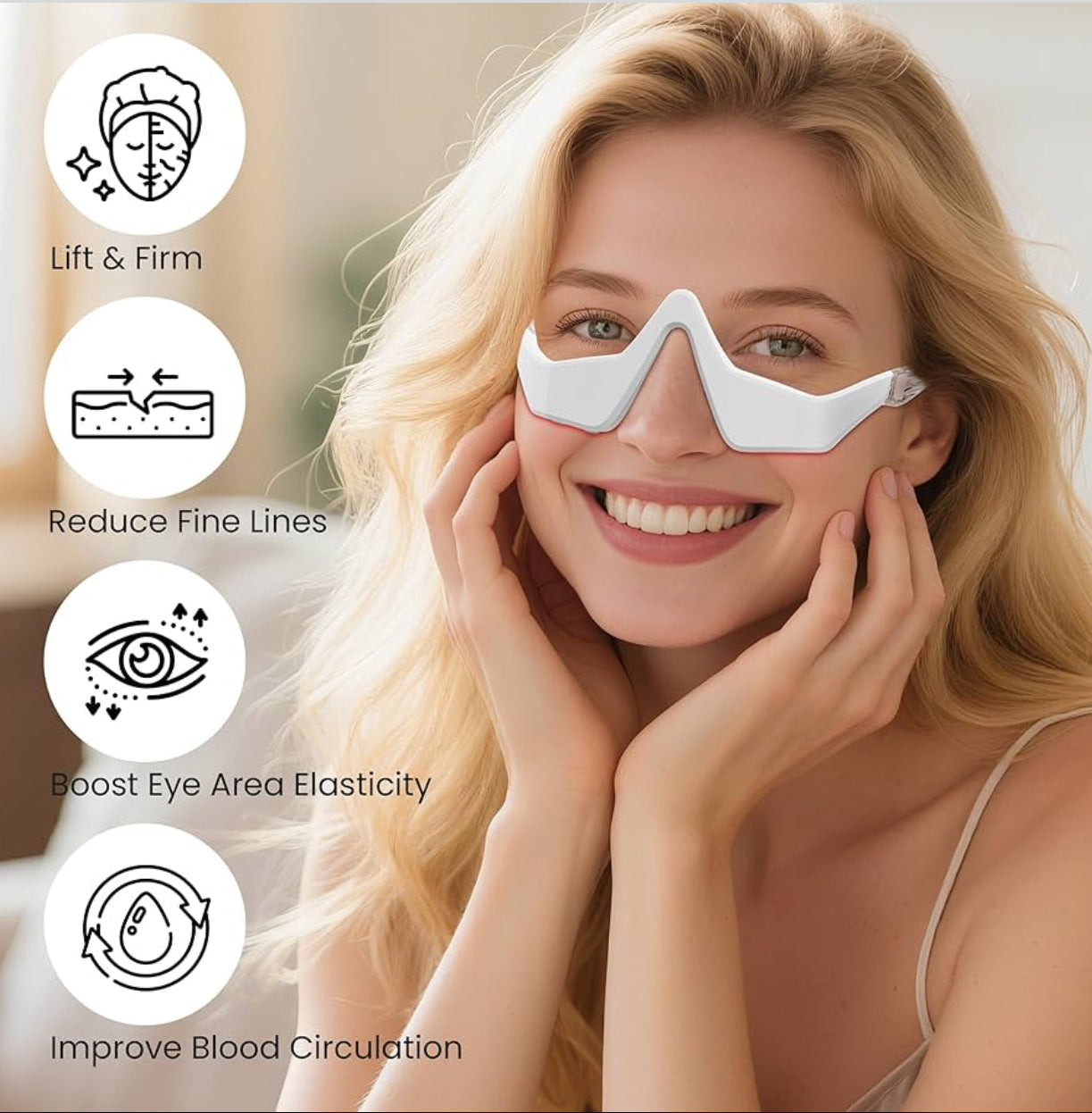 Woman wearing a white eye mask with icons and text indicating benefits on a light background