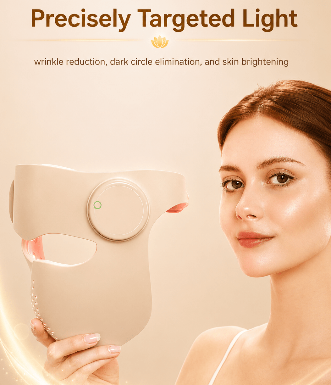 Woman holding a facial device with text about light therapy benefits on a beige background