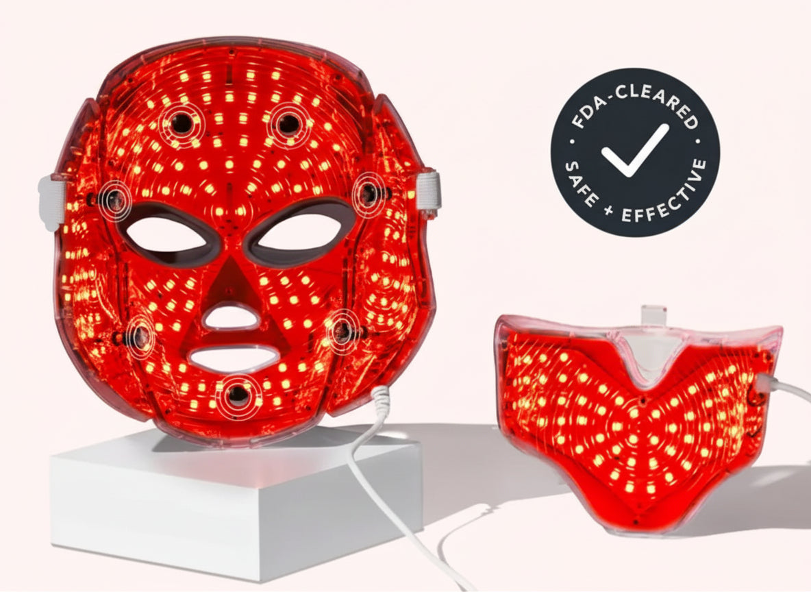 Red LED face mask with FDA clearance label and Luna&Skin branding on a white background