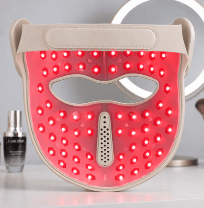 NuYou360 Contour Pro Mask VCSEL Laser Mask  showing red laser diodes from inside of Beige Model Mask.