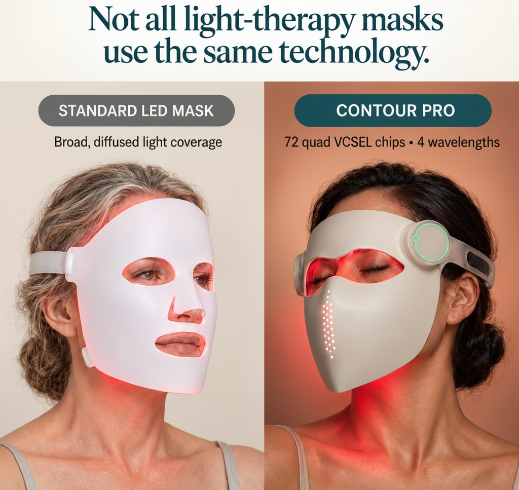Comparitive marketing graphic showing two women wearing light-therapy face masks side by side, labeled 'STANDARD LED MASK' and 'CONTOUR PRO,' with explanatory text about light coverage and VCSEL chips.