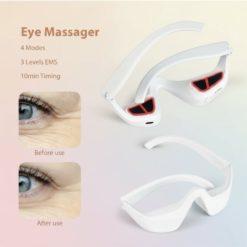 Eye massager with before and after use images on a white background