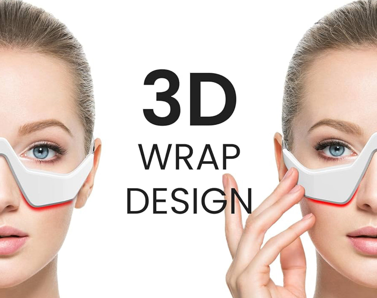 Woman wearing a 3D eye mask with text highlighting its design and benefits.