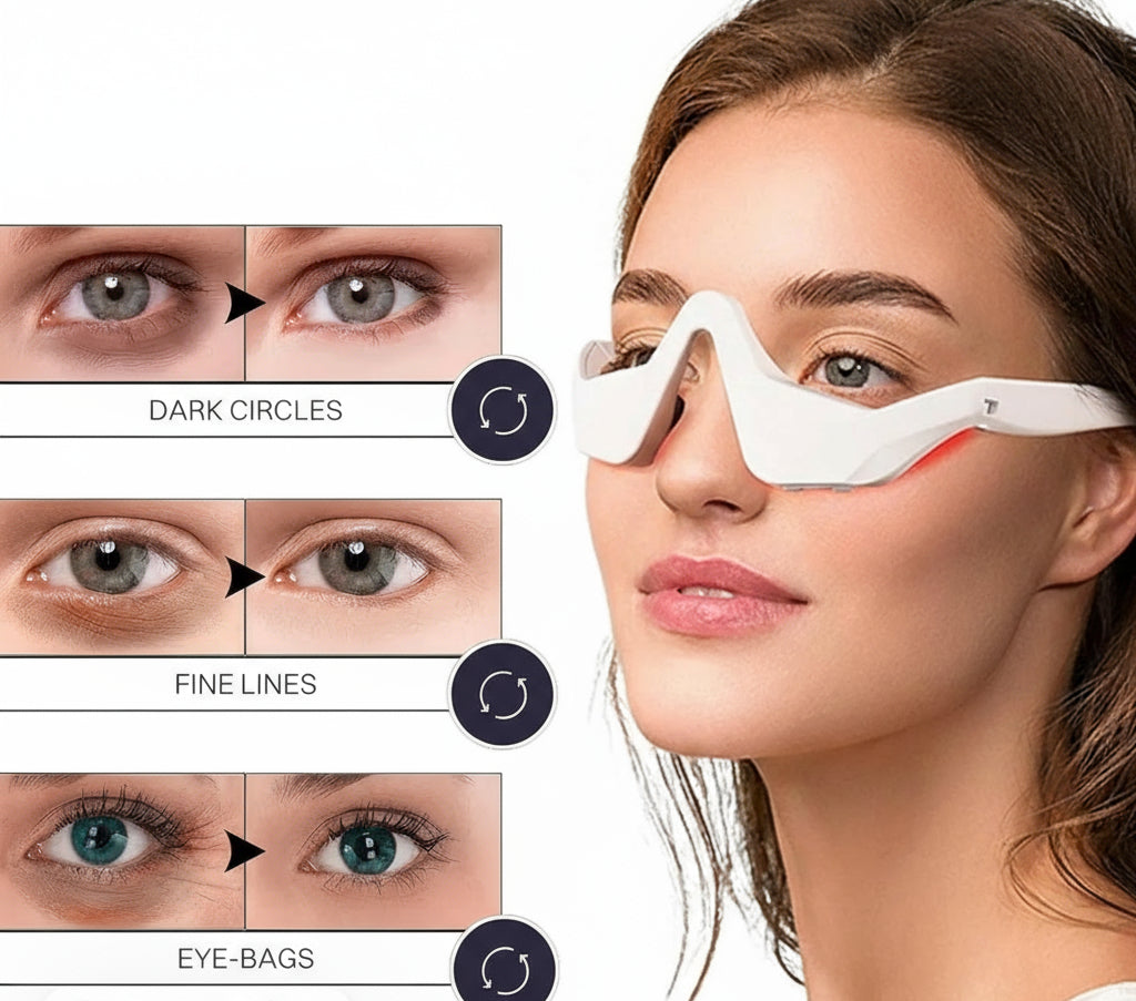 Product advertisement for eye masks to reduce dark circles, fine lines, and eye bags with a model wearing the product.