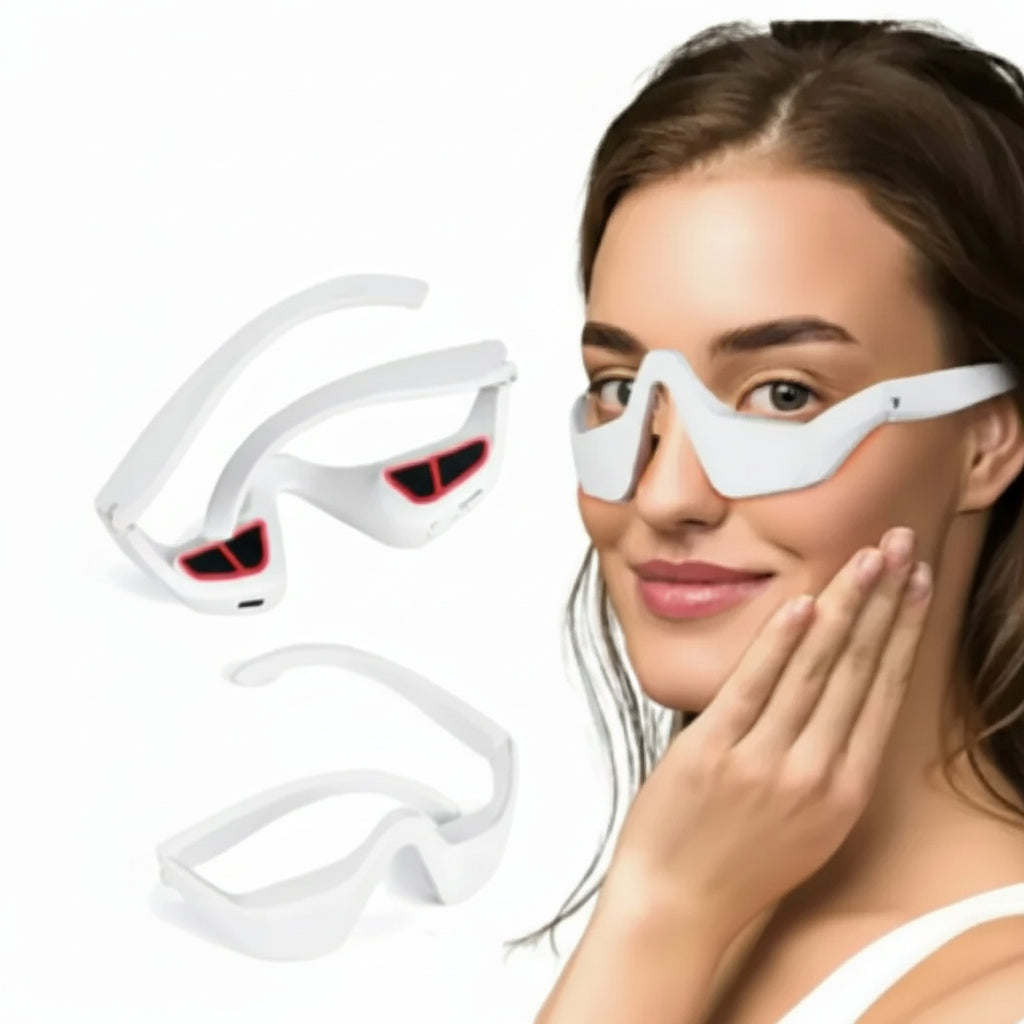 Woman wearing an eye massager with product packaging on a white background