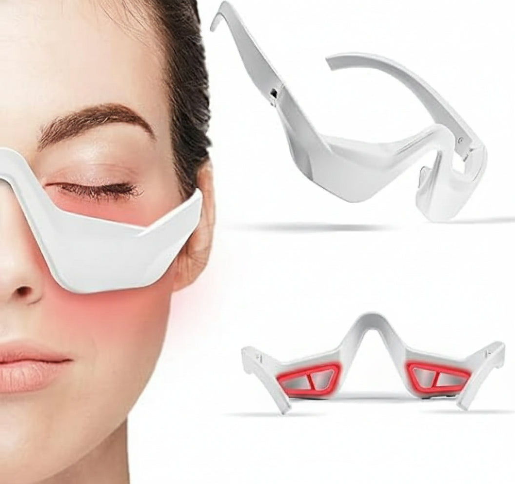 White eye mask with red lights on a white background