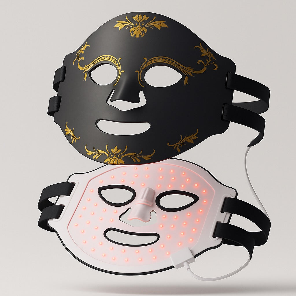 Black decorative face mask and white LED face mask on a light gray background