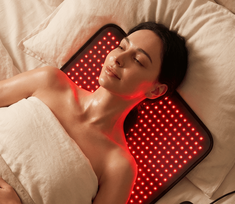 Woman lying on a bed with a red light therapy pad on her back