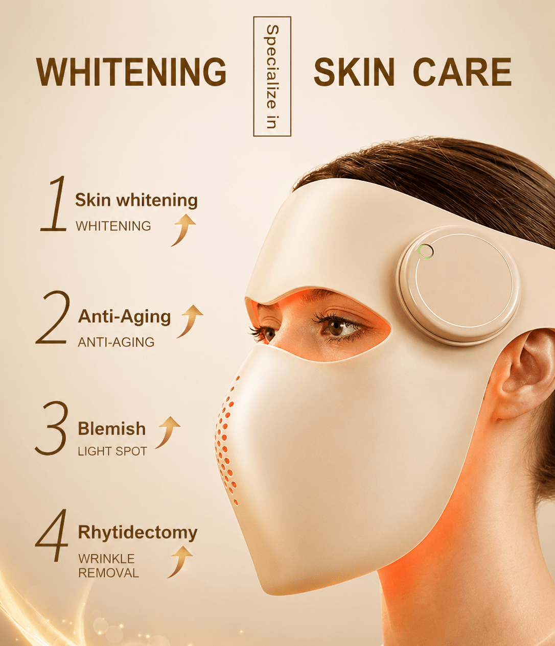 Woman wearing a skincare device with text on skin care benefits on a beige background