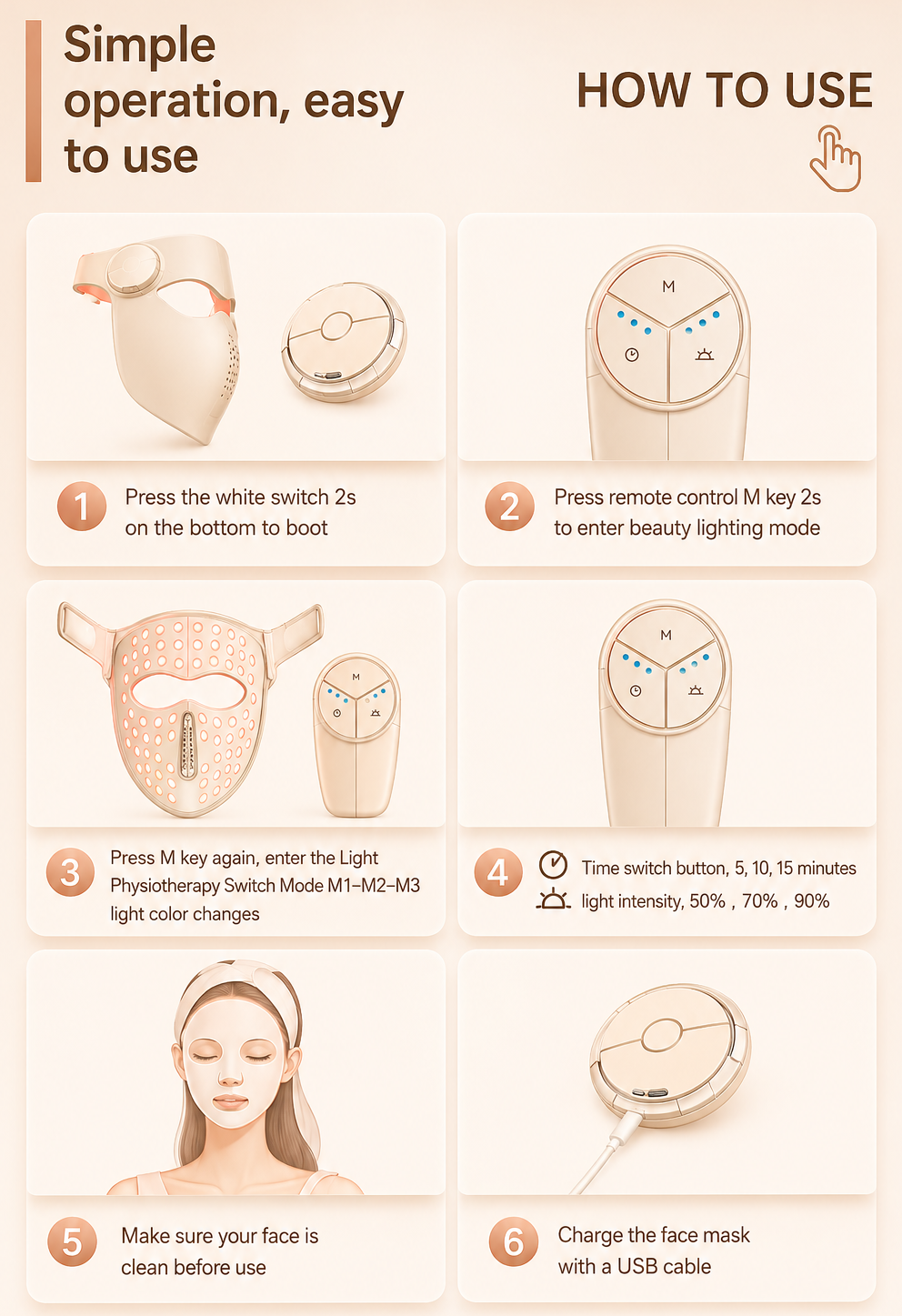 Instructions on how to use a facial mask device with step-by-step guide and illustrations.