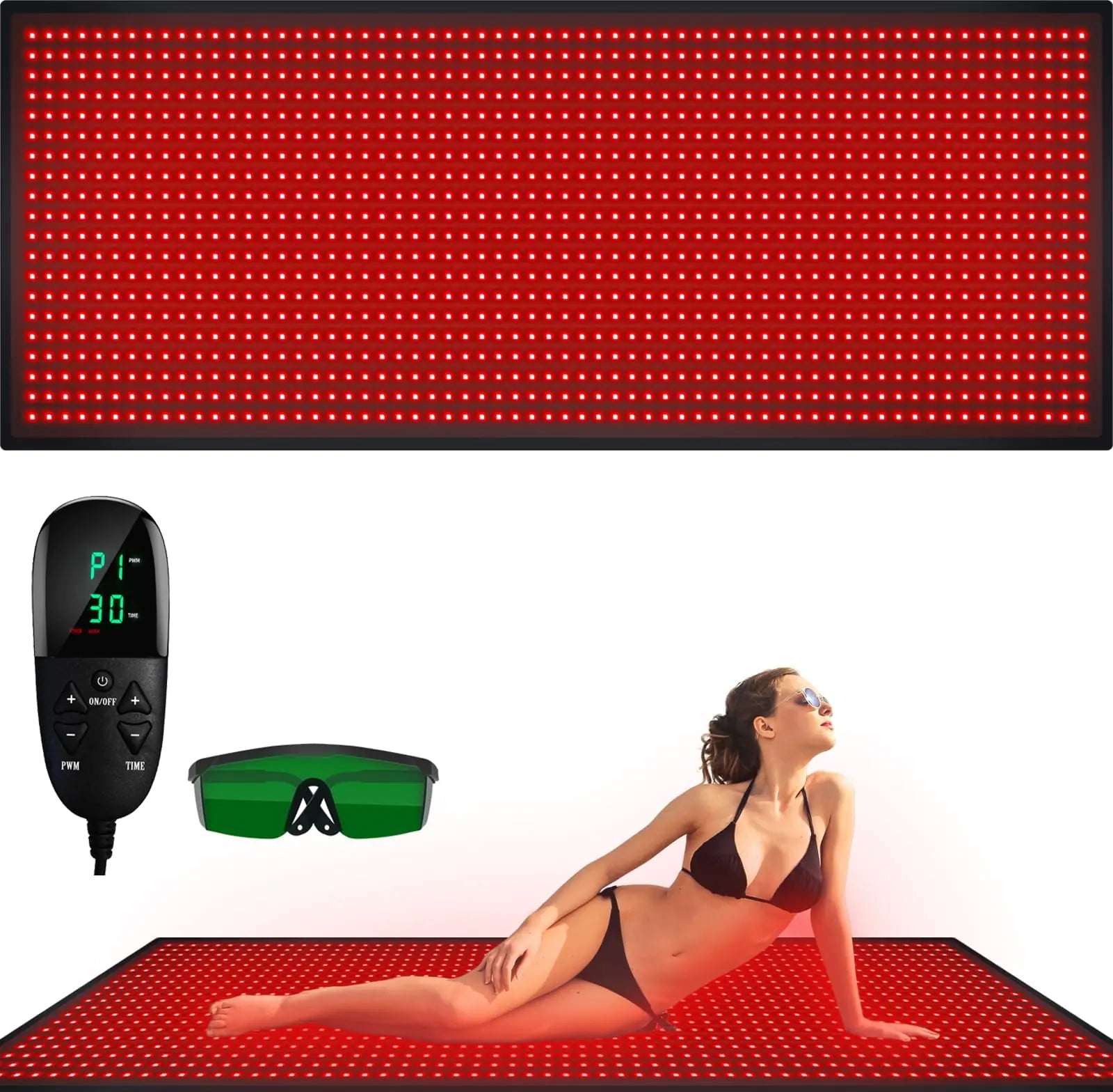 Red LED mat with control device and goggles on a white background