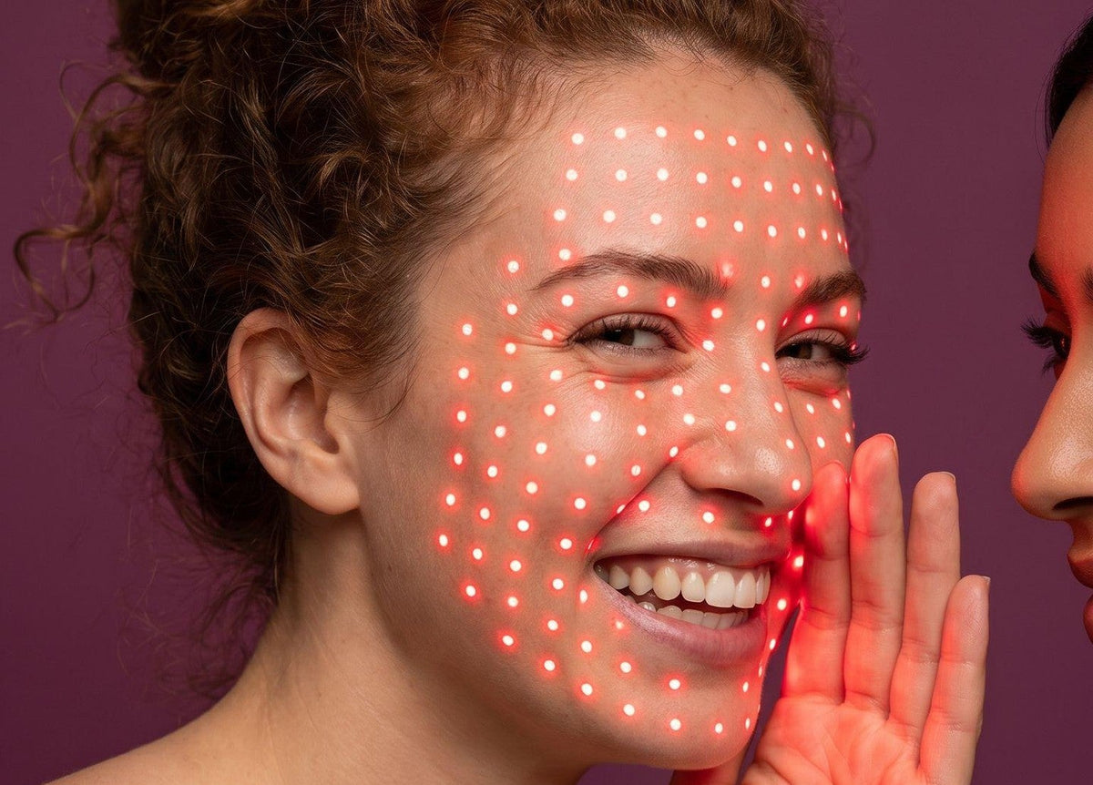 A smiling woman with red LED light therapy dots mapped onto her face, showing glowing red points across her forehead, eyes, cheeks, and chin, while another person is partially visible on the right against a solid purple background.