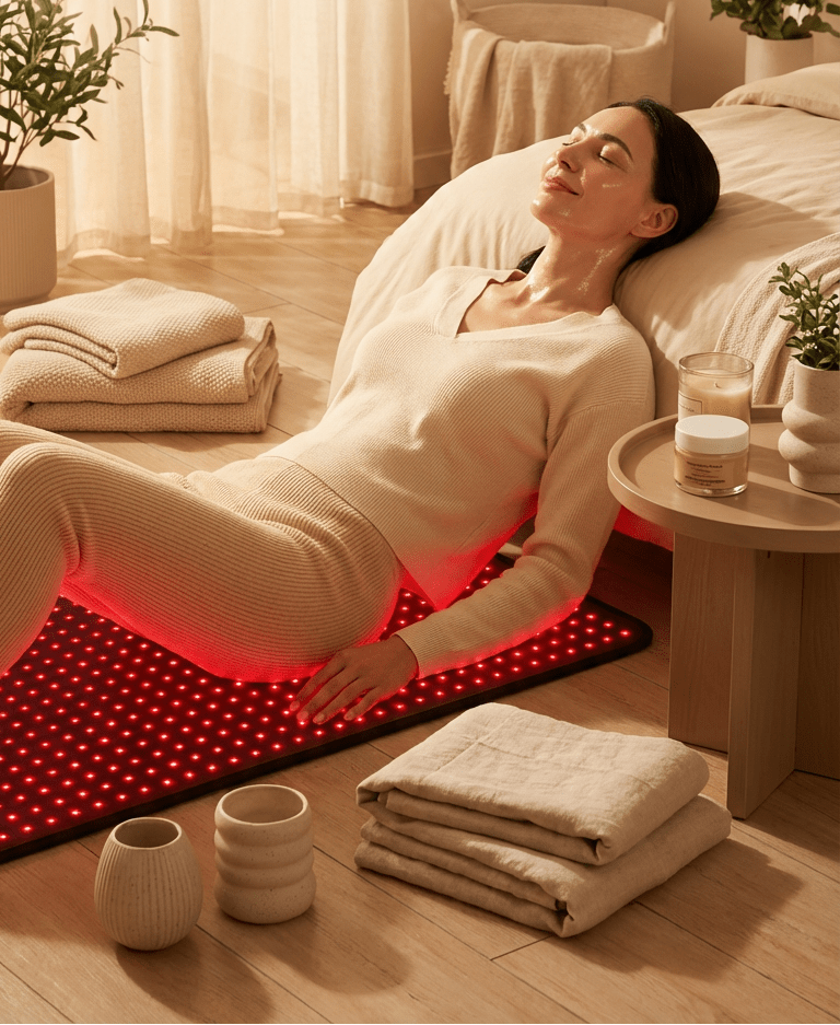 Woman lying on a light therapy mat in a cozy room with plants and candles.