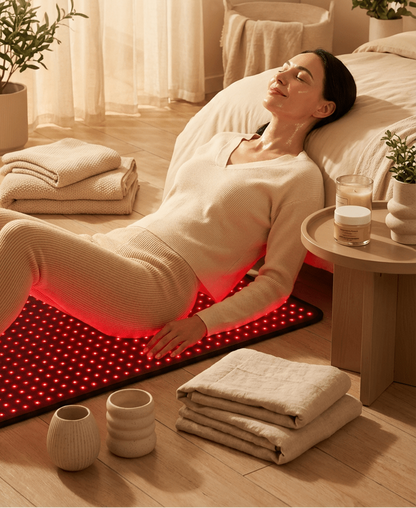 Woman lying on a light therapy mat in a cozy room with plants and candles.