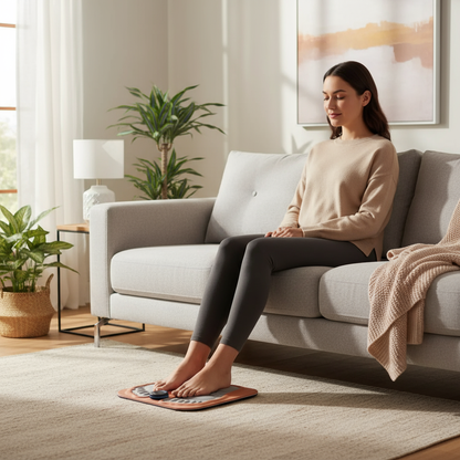 Woman sitting on a couch using a smart scale in a bright living room.