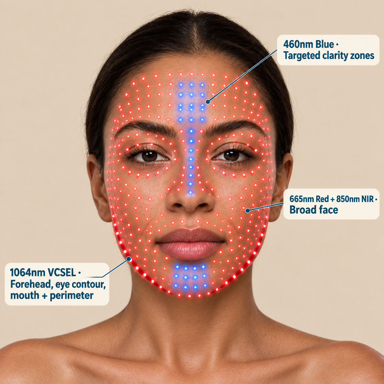 A woman's face with overlaid red and blue LED light diagrams and callout text explaining targeted skincare zones, shown against a plain beige background.