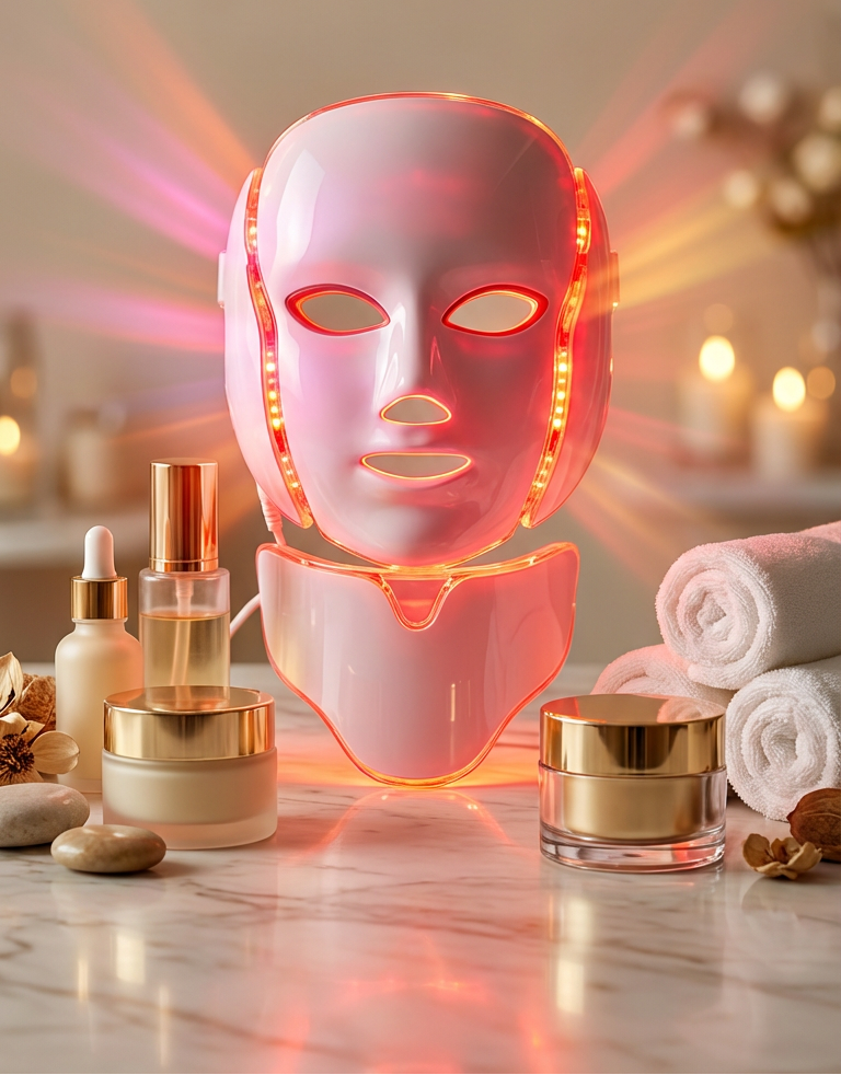 LED face mask with skincare products on a marble surface, featuring text about science-backed wellness for radiant skin.