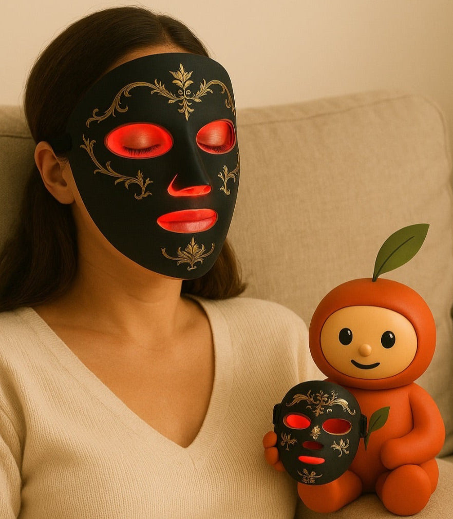 Ashley wearing NuYOU360 Red Light Therapy Mask holding Sprout the brand mascot with a mask.