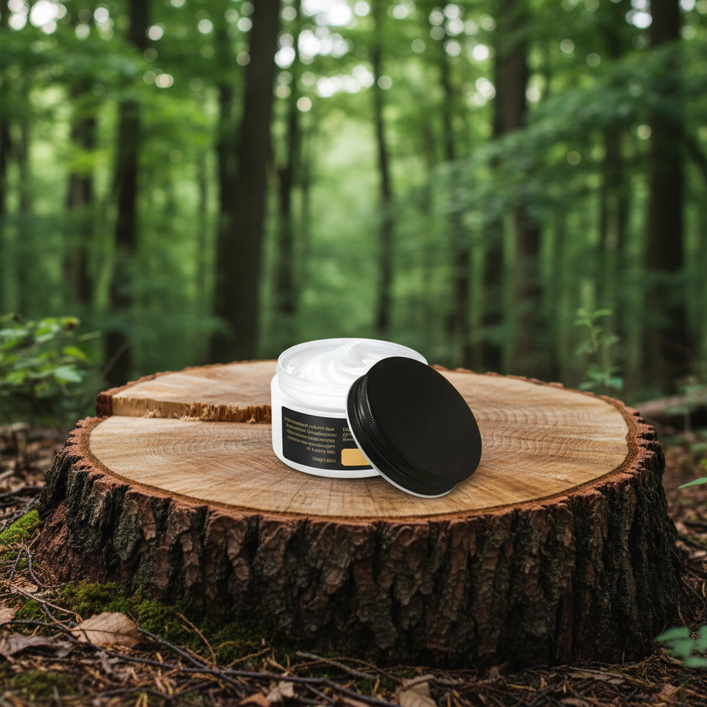 Cosmetic jar with black lid on a white background