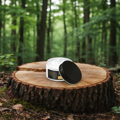 Cosmetic jar with black lid on a white background