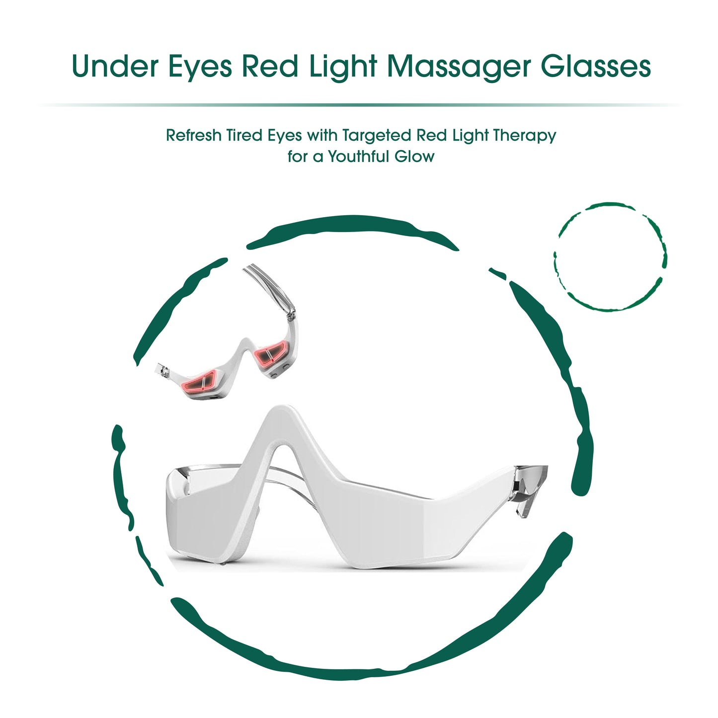 Red light massager glasses with branding on a white background