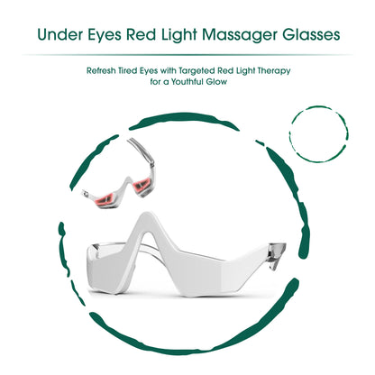 Red light massager glasses with branding on a white background
