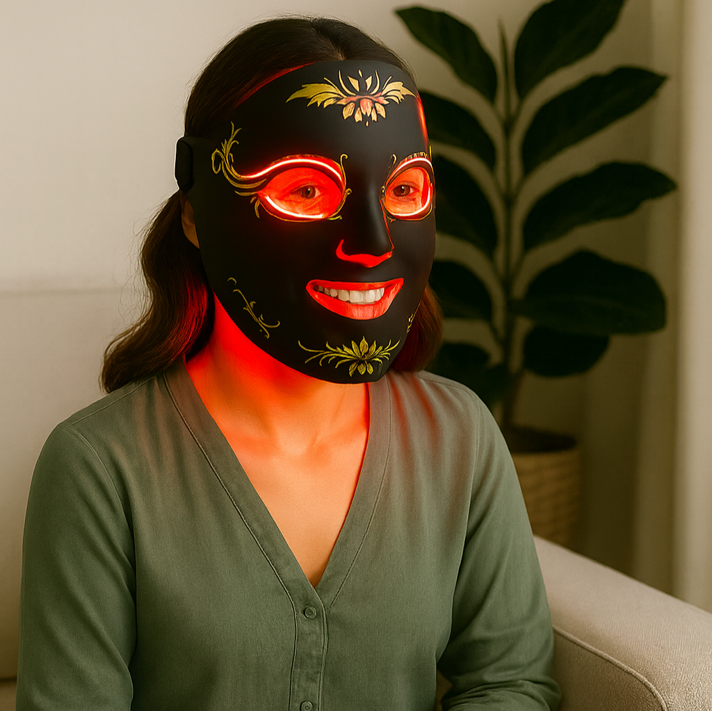 Person wearing a black face mask with red light, sitting on a couch with a cup of coffee.