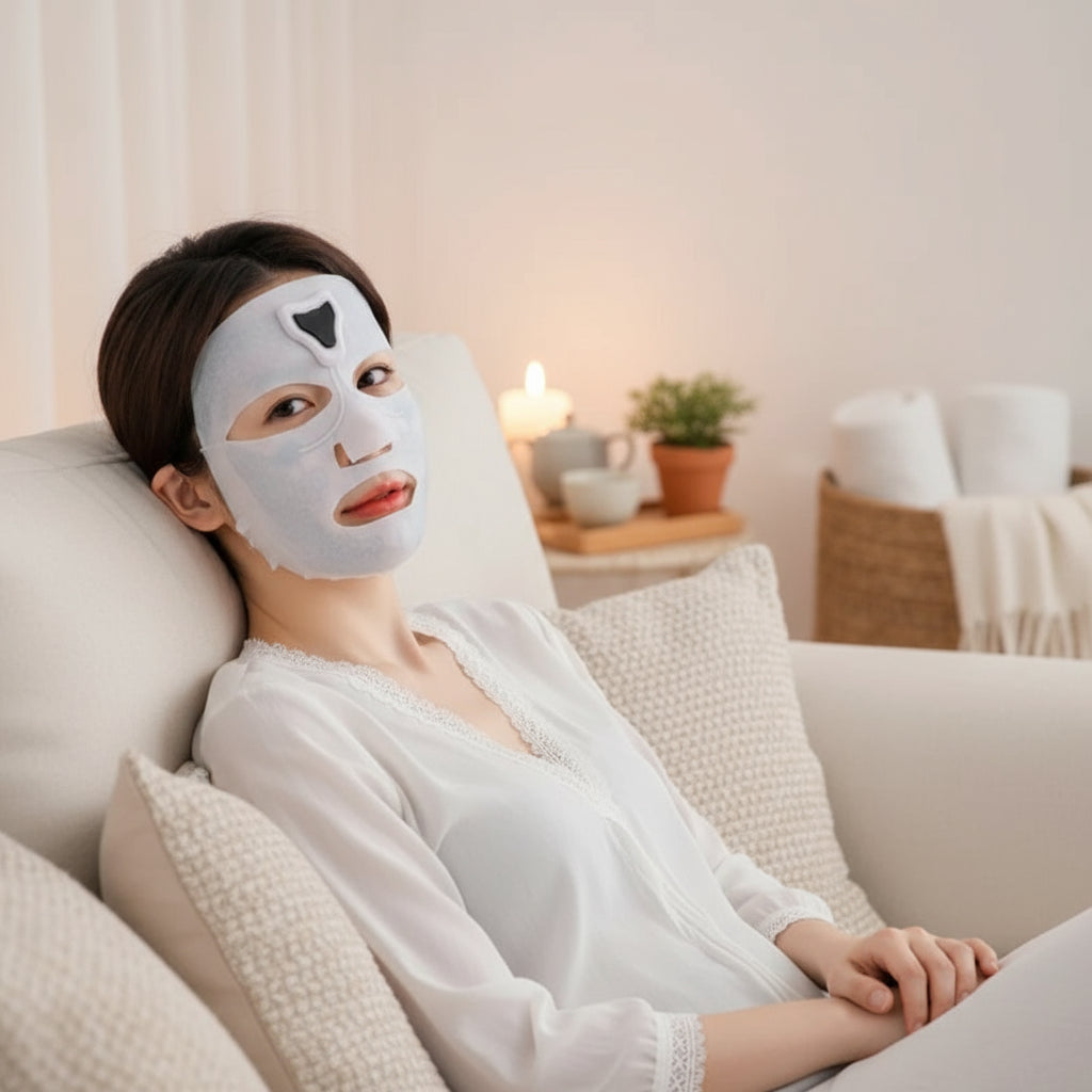 Woman wearing a gray face mask with a white background