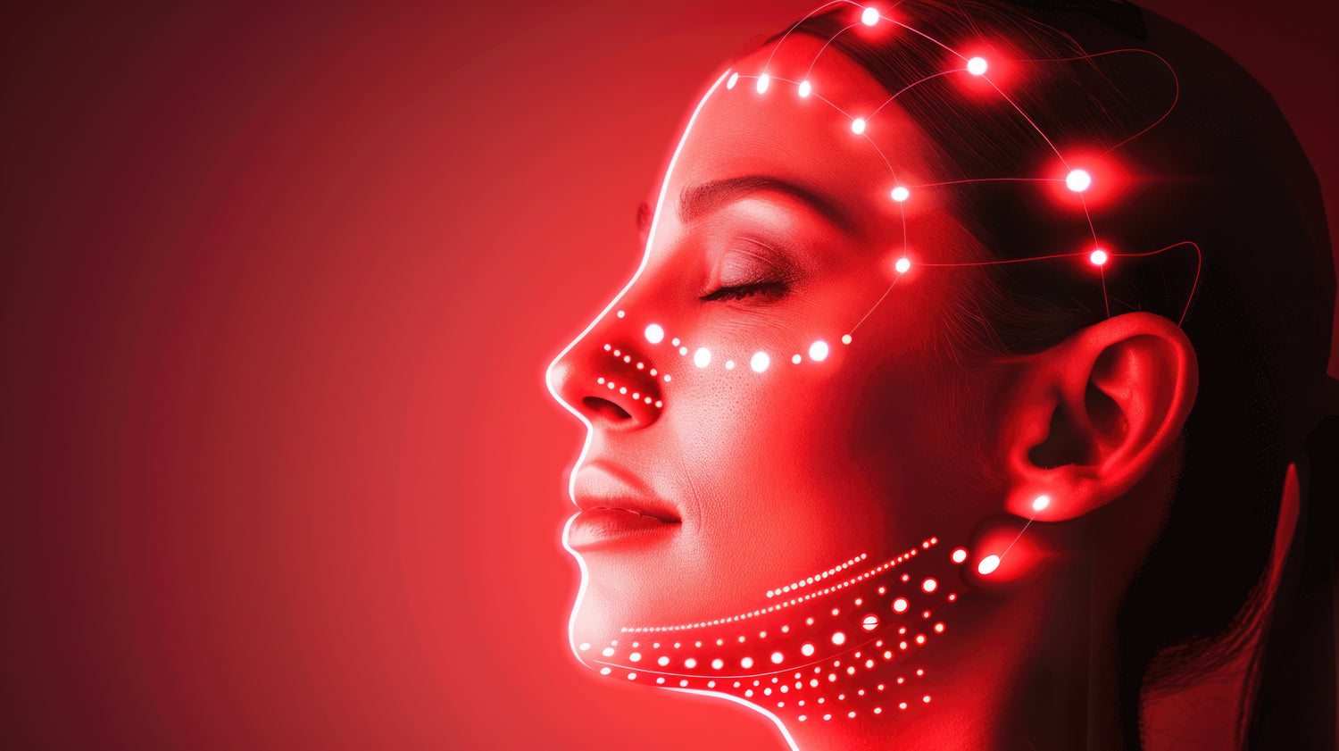 Woman's face with red lighting effects on a dark background