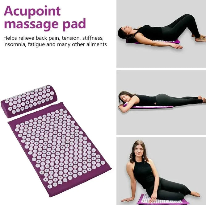 Acupoint massage pad with a woman using it to relieve back pain.
