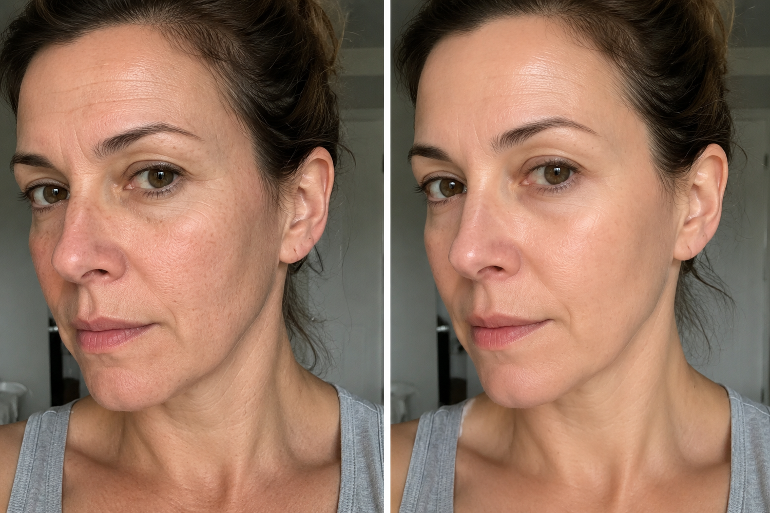 Side-by-side comparison of a woman's face before and after using the NuYOU360 VCSEL laser mask