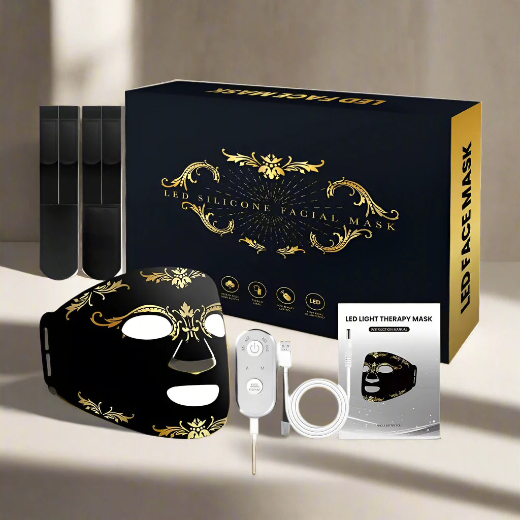 LED silicone facial mask set with packaging and accessories on a white background