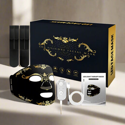 LED silicone facial mask set with packaging and accessories on a white background