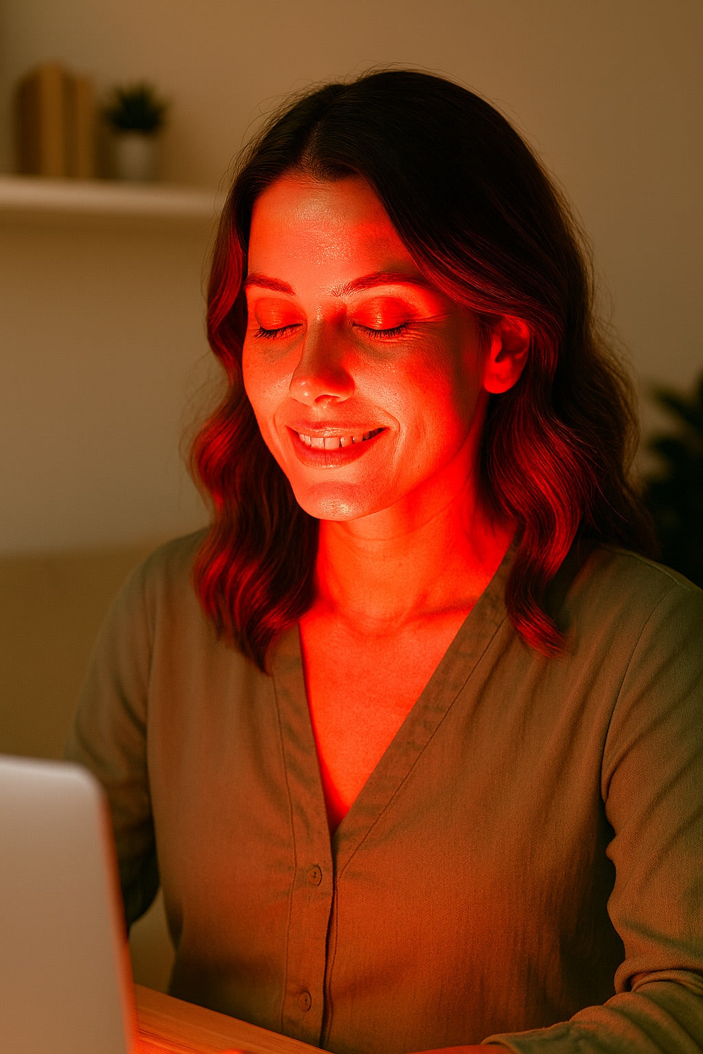 Woman using a laptop with red lighting in a dimly lit room