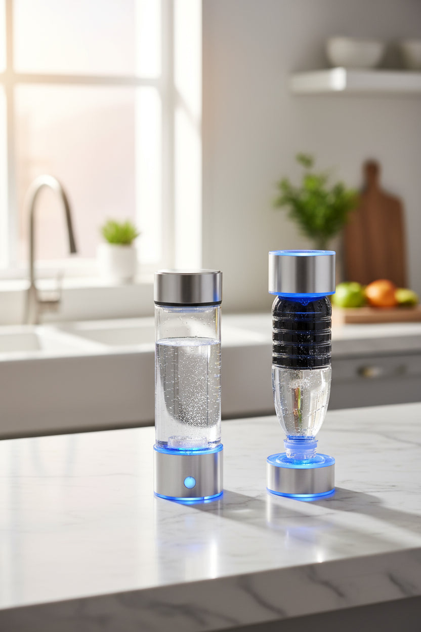 Two hydrogen water bottles with blue lights on a black background