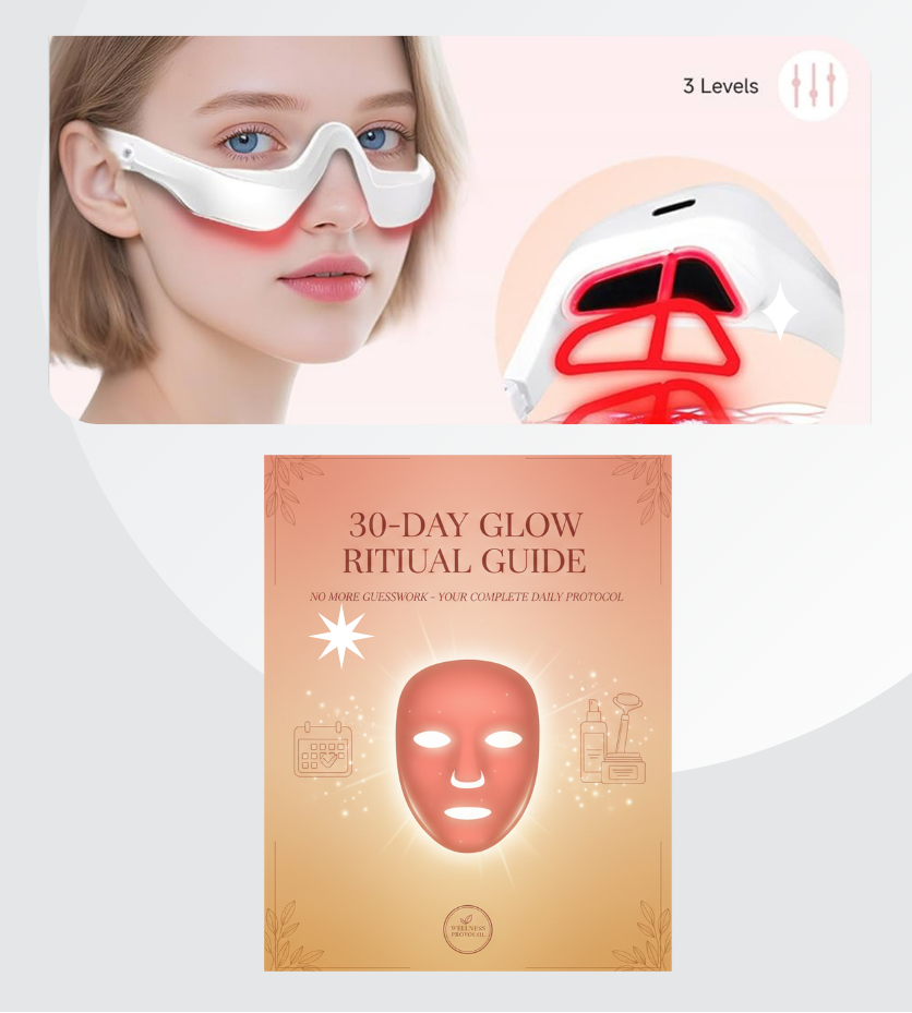 Product packaging for a skincare routine with a device and guide on a white background